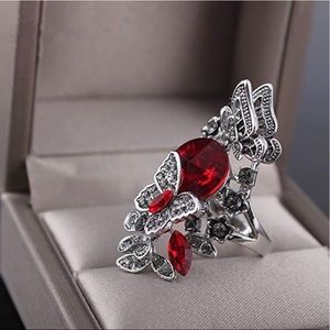 Red Crystal Rhinestone Flower and Butterfly Ring Retro Vintage Jewelry